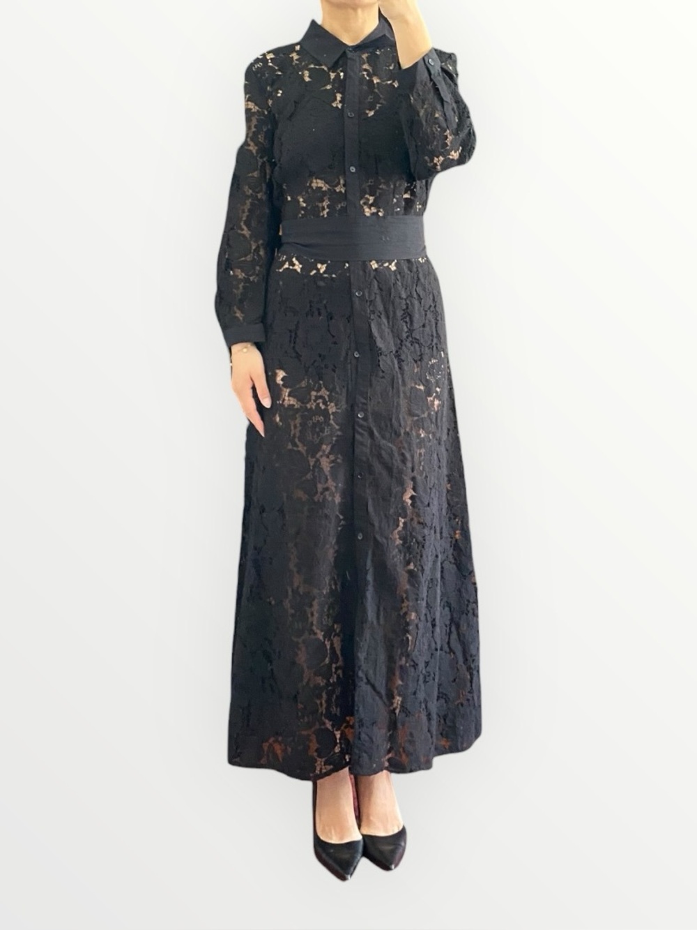 Zara Black Lace Collared Waist Tie Long Dress Size L - Picture 2 of 13